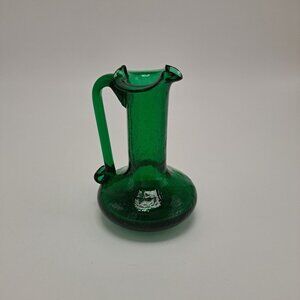Vintage Green Crackle Glass Pitcher With Applied Handle